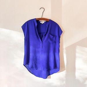 Cobalt Blue Crop Sleeve High Low Tunic Sheer V-neck Button Up Top Mine M